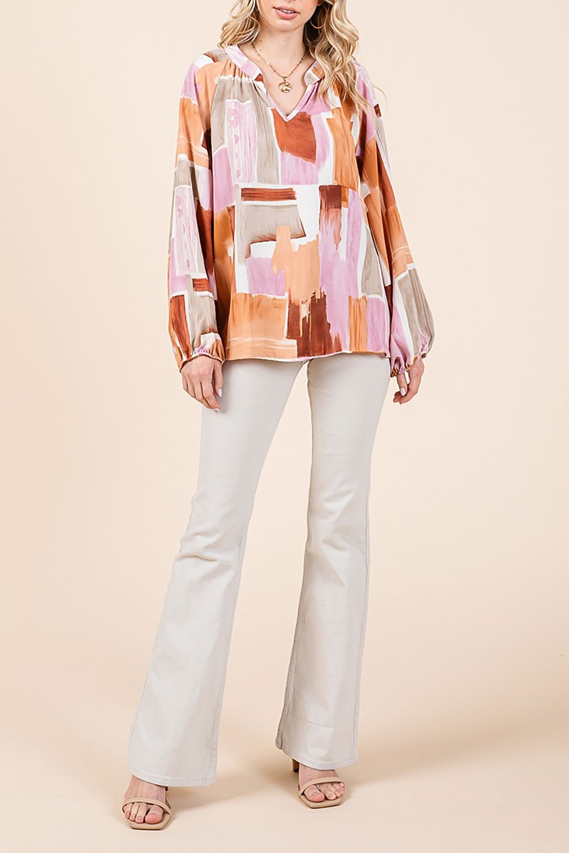 ABSTRACT PRINTED V-NECK TOP