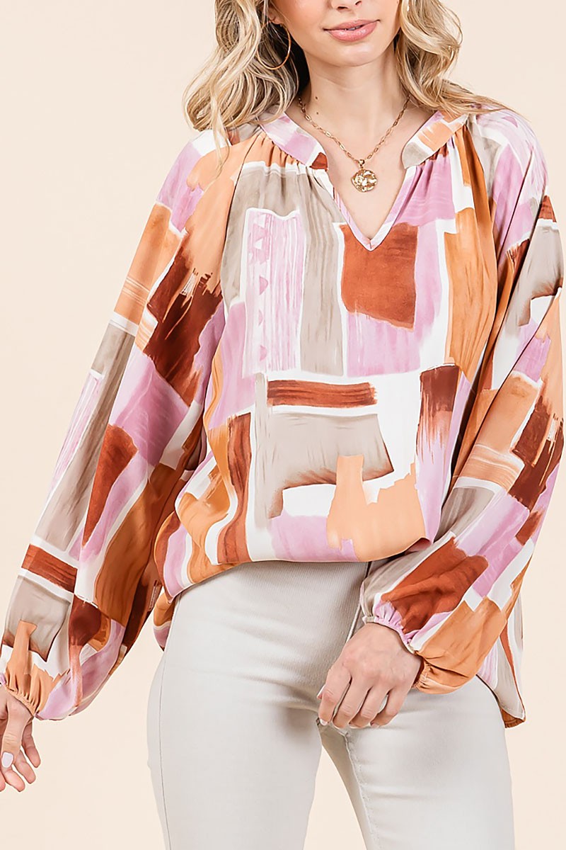 ABSTRACT PRINTED V-NECK TOP
