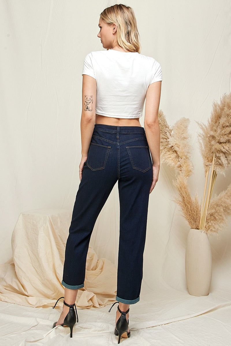 High Rise Indigo Washed Roll Up Boyfriend Jeans