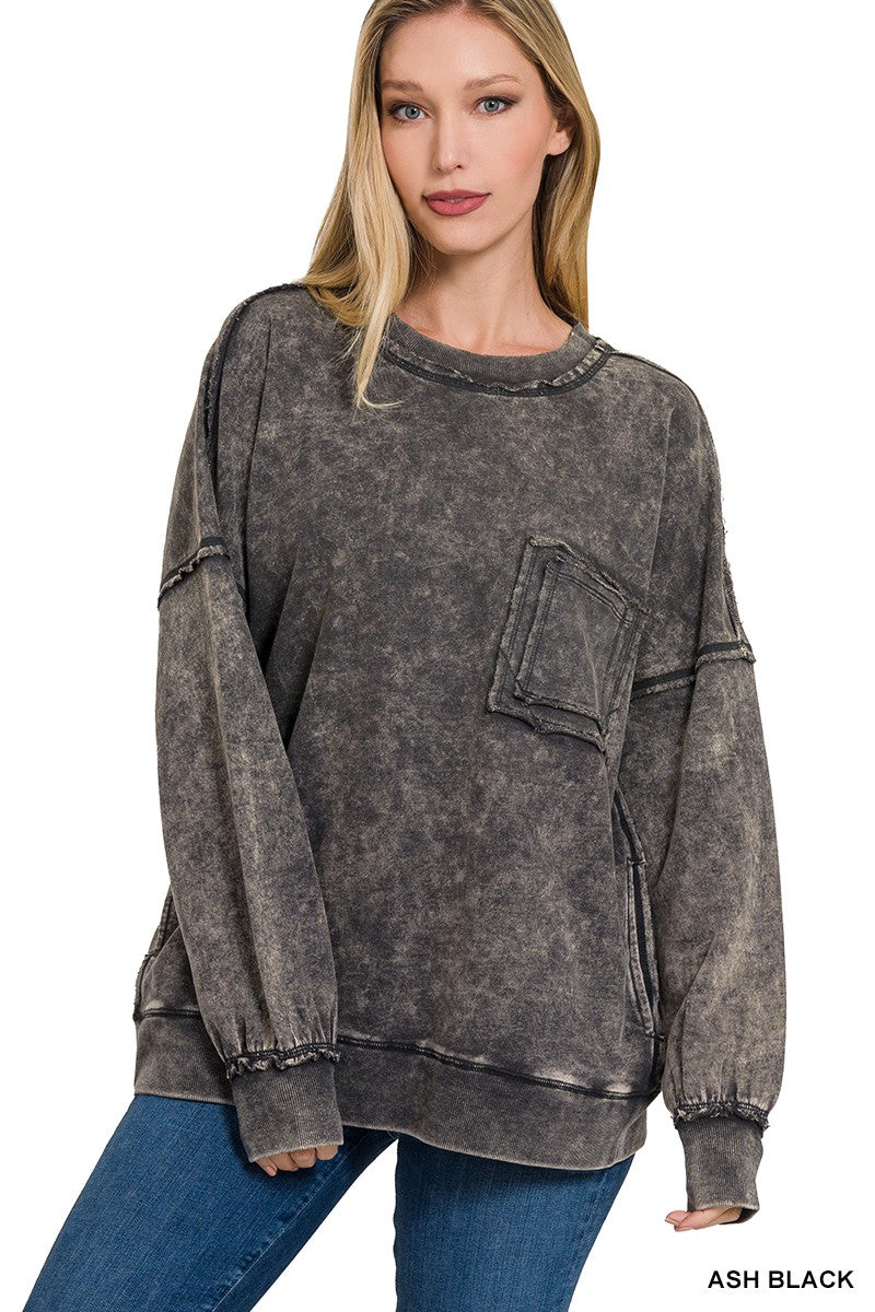 ACID WASH RAW EDGE FRONT POCKET PULLOVER