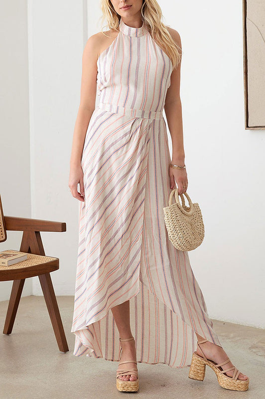 KEIRA STRIPE ASYMMETRICAL BACK TIE HALTER DRESS