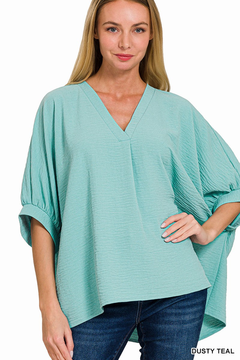 V-NECK PUFF SLV WOVEN TOP