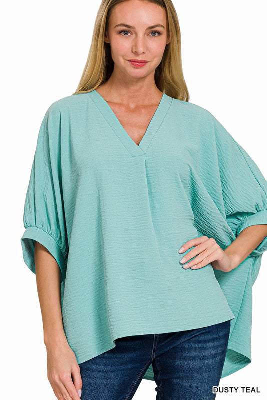 V-NECK PUFF SLV WOVEN TOP