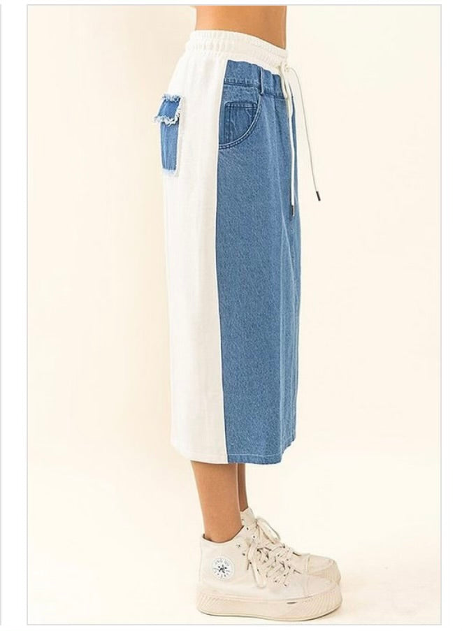 Elastic Waist Pocket Color block Denim Skirt