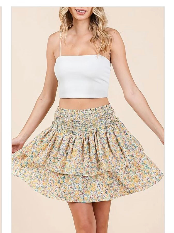 Floral Smocked Elastic Waistband Tiered Mini Skirt