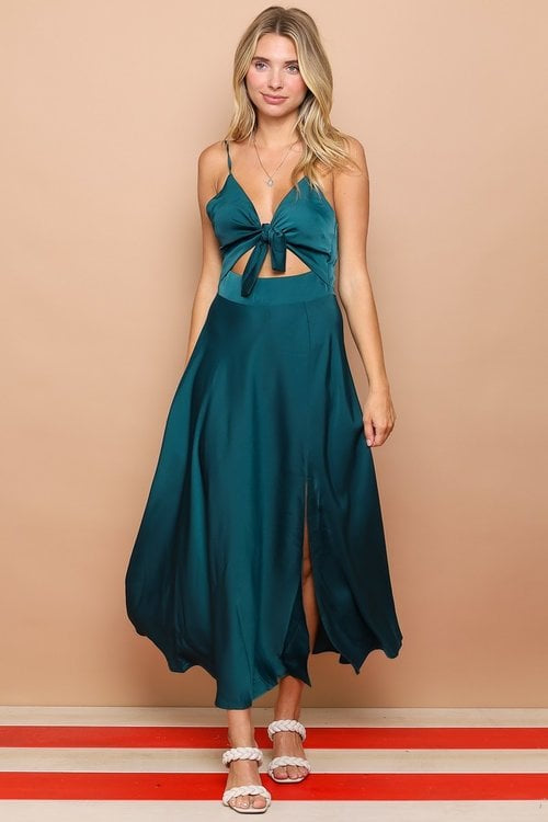 Tie Front Satin Maxi Dress With Slits