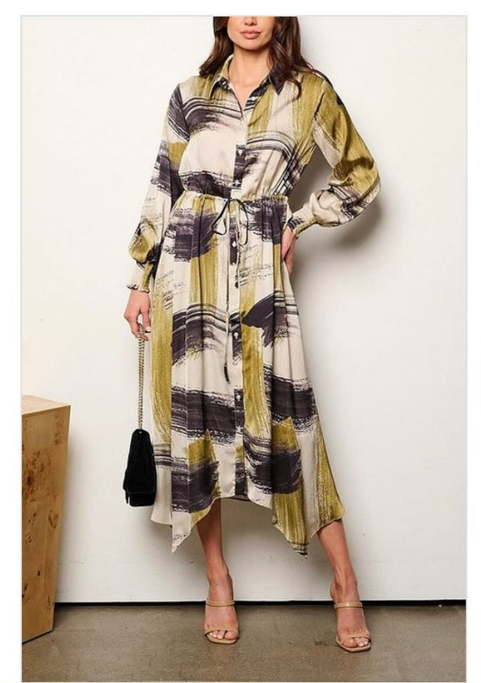 LONG SLEEVE SELF TIE MULTI PRINT BUTTON UP MIDI DRESS