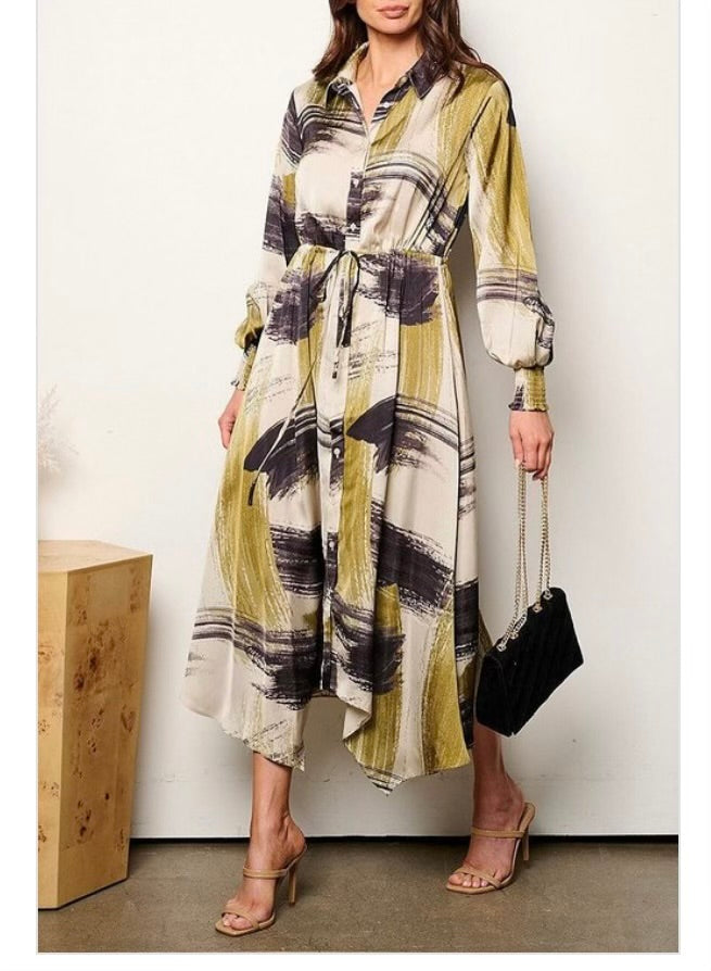 LONG SLEEVE SELF TIE MULTI PRINT BUTTON UP MIDI DRESS