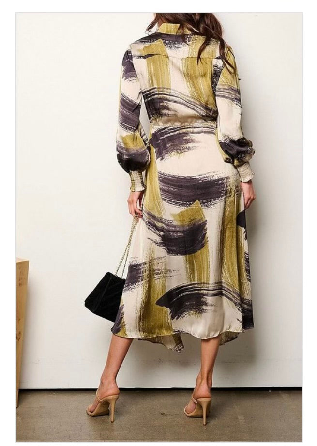 LONG SLEEVE SELF TIE MULTI PRINT BUTTON UP MIDI DRESS