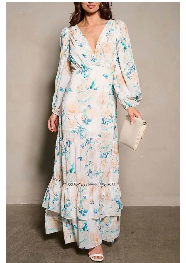 Long SLV V-neck Floral Maxi Dress