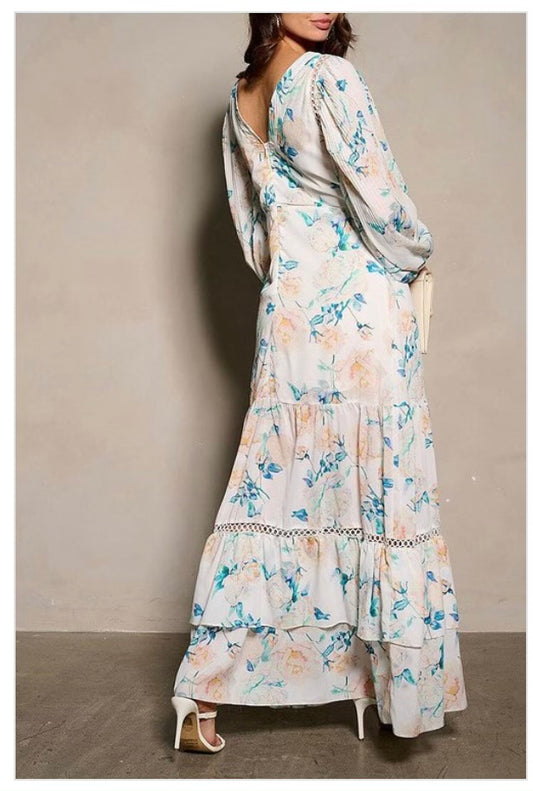 Long SLV V-neck Floral Maxi Dress