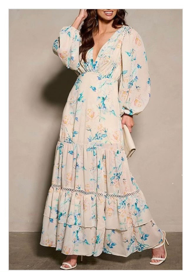 Long SLV V-neck Floral Maxi Dress