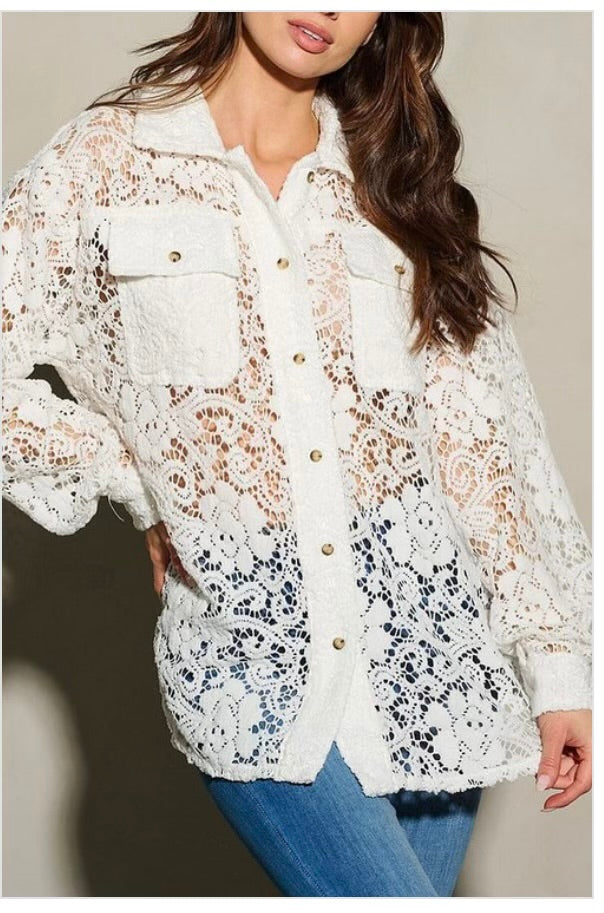 Long Sleeve Button up Pocket Crochet Blouse Top