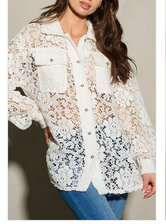 Long Sleeve Button up Pocket Crochet Blouse Top