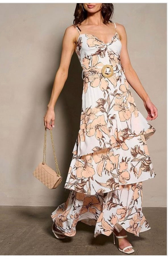 Slvless V-neck Floral Tiered Maxi Dress