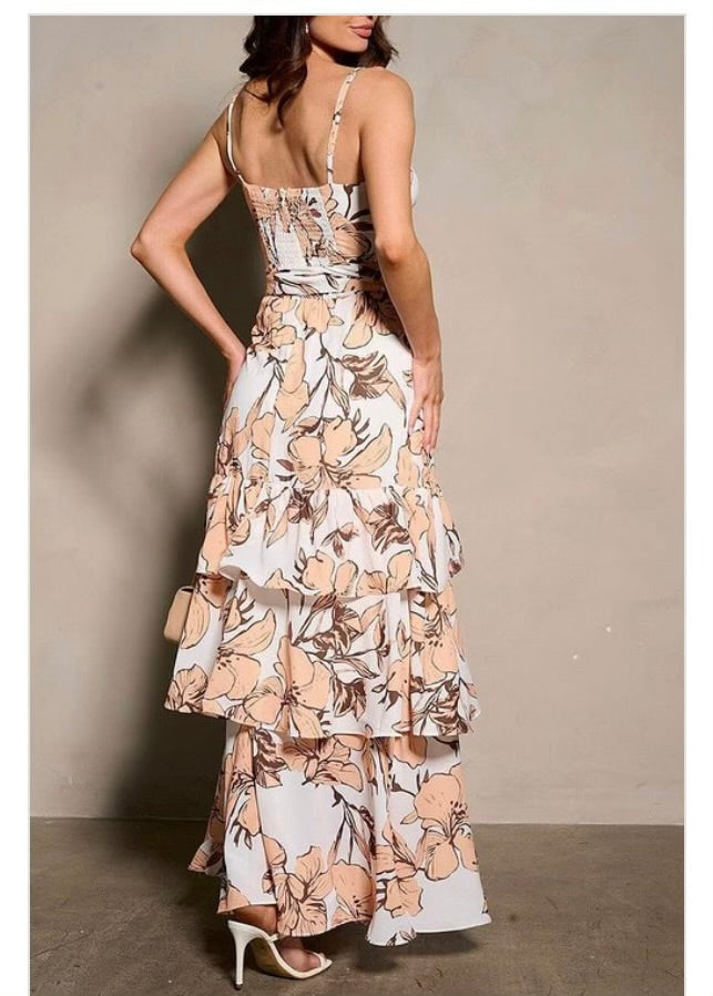 Slvless V-neck Floral Tiered Maxi Dress